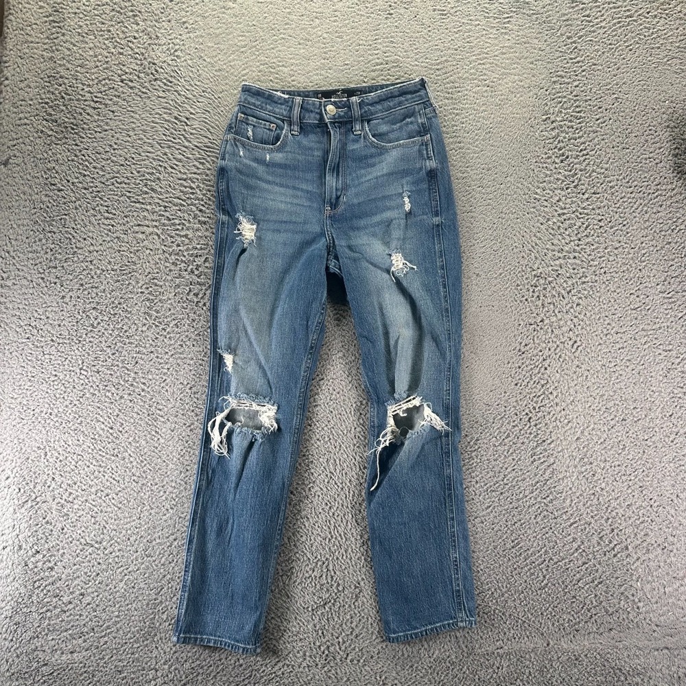 VTG Hollister Jeans Womens 0 Blue Cotton Denim Mom Straight Distressed Stretch